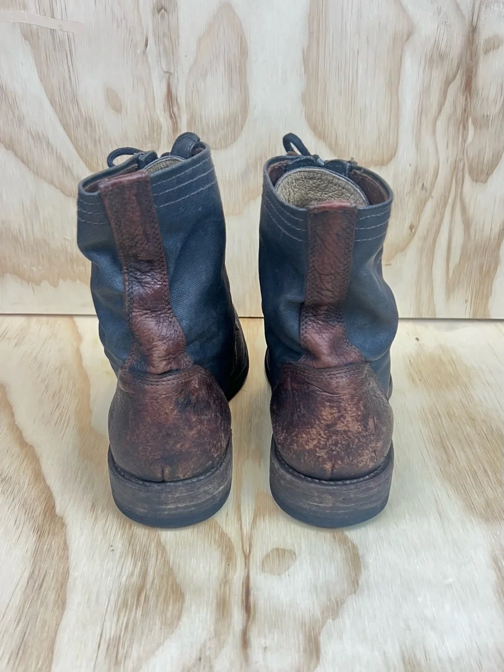 Frye Brown and Black Leather and Canvas Lace-Up Combat Boots